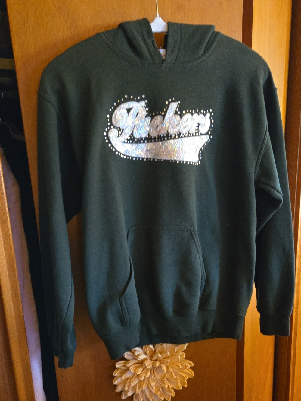 Gildan Packers Forest Green Hoodie with Silver Sequin Script